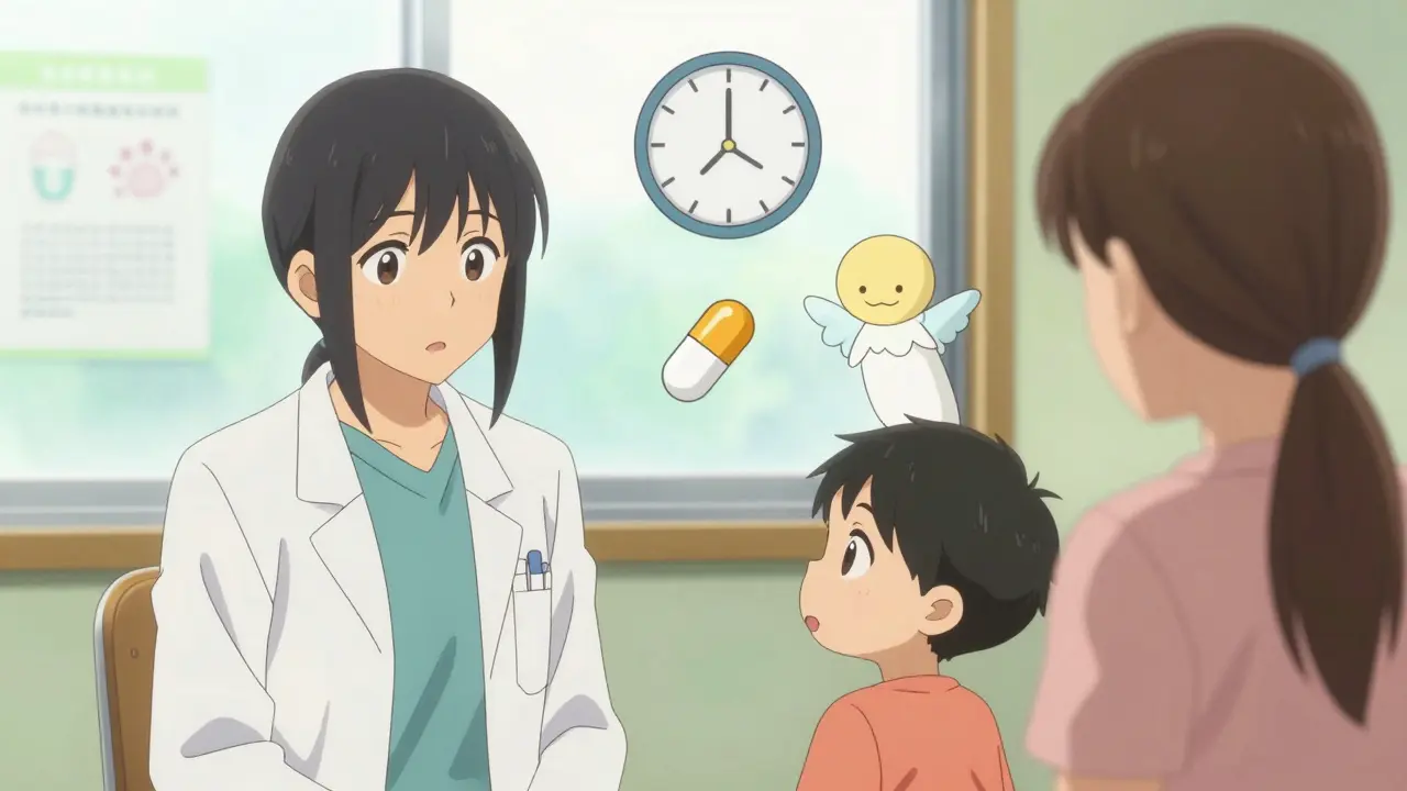 Pediatrician explaining watchful waiting to parent with icons of time, medicine, and healing.