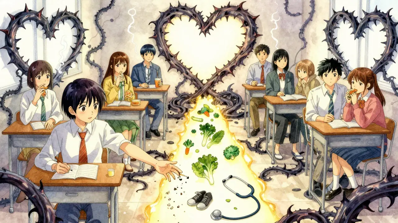 People trapped by dark vines of bad habits, one breaking free toward a glowing path of healthy choices.