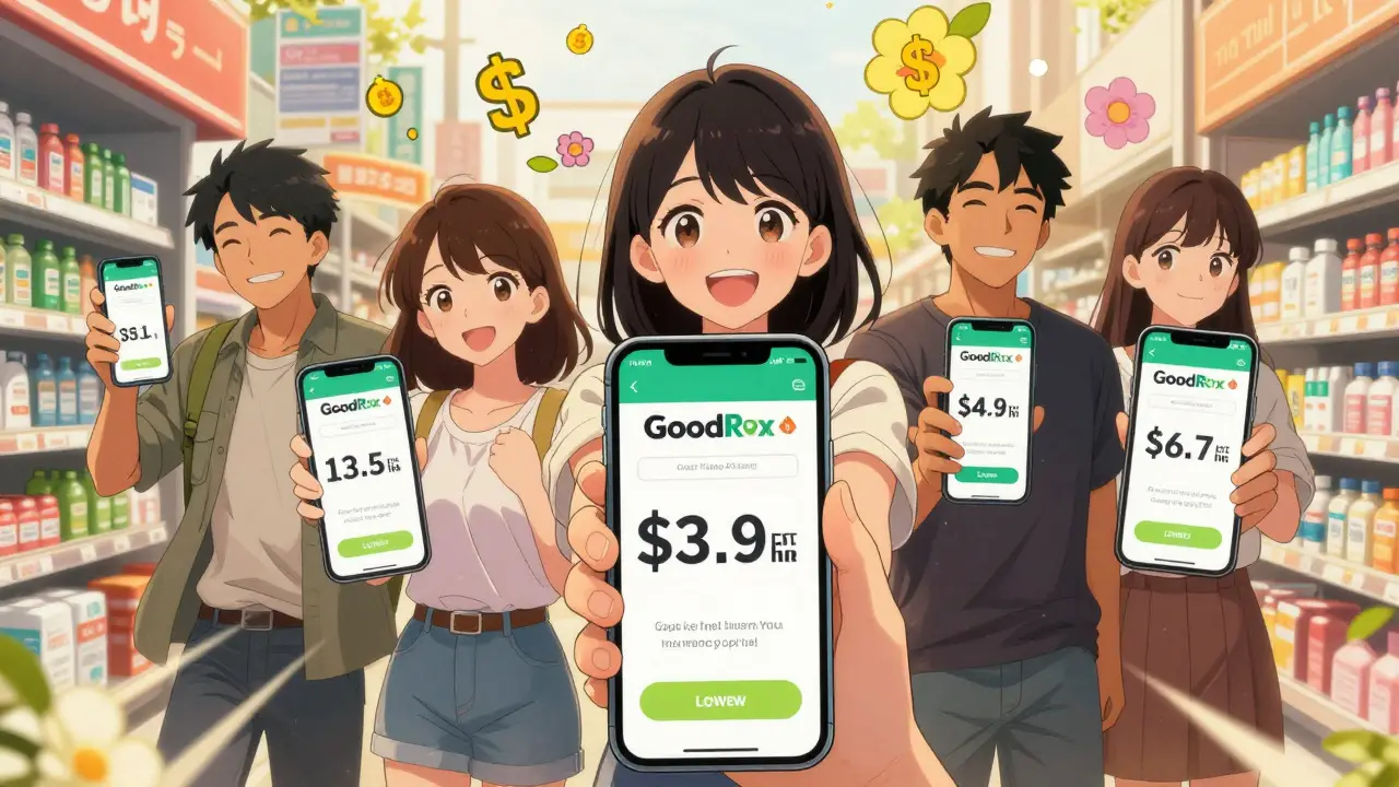 People using phone apps to find lower cash prices for prescriptions, smiling as savings appear.