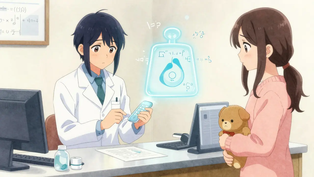 Pharmacist verifying pediatric dosage with a mother holding a stuffed animal nearby.