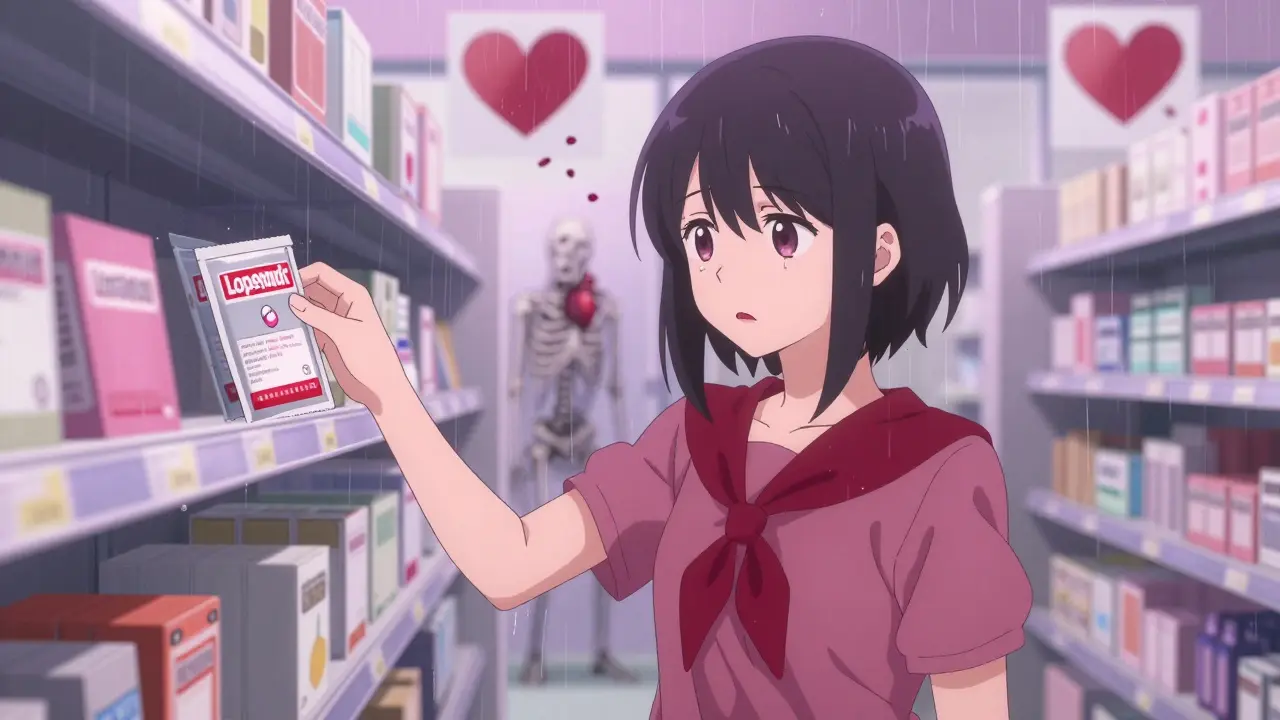 Someone reaching for loperamide in a pharmacy, their reflection showing a skeletal figure with a broken heart.