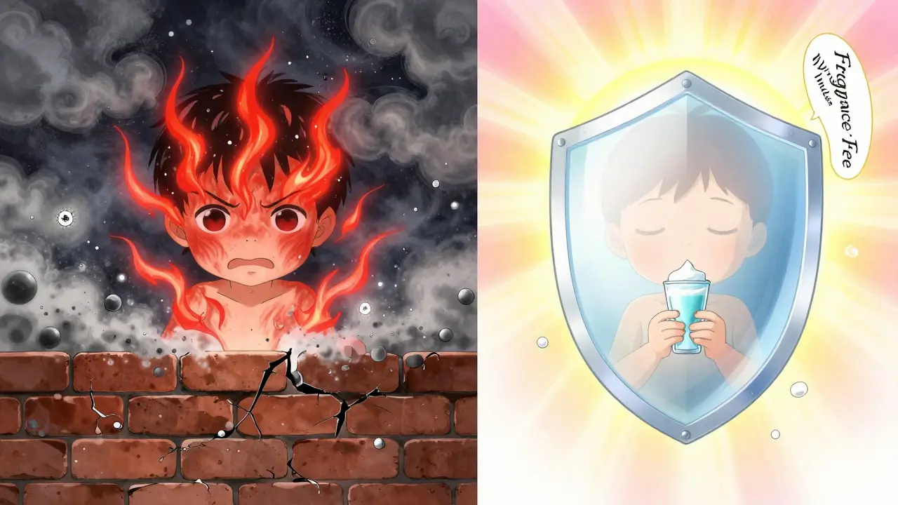 Split image: damaged skin under attack vs. healed skin protected by ceramide armor, with floating skincare labels in anime style.