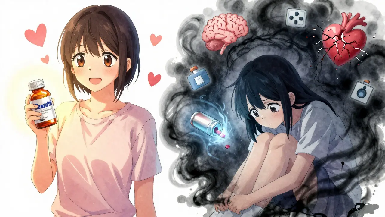 Split image: senior smiling with a pill bottle on one side, same person confused and shadowed on the other, symbolic brain cracks.