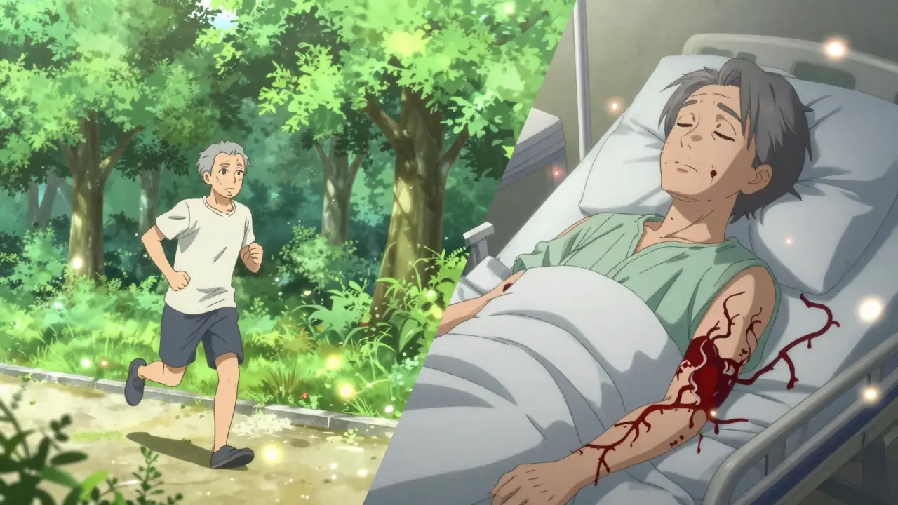 Split scene: a healthy person jogging vs. the same person in a hospital bed with crimson vines symbolizing internal bleeding.