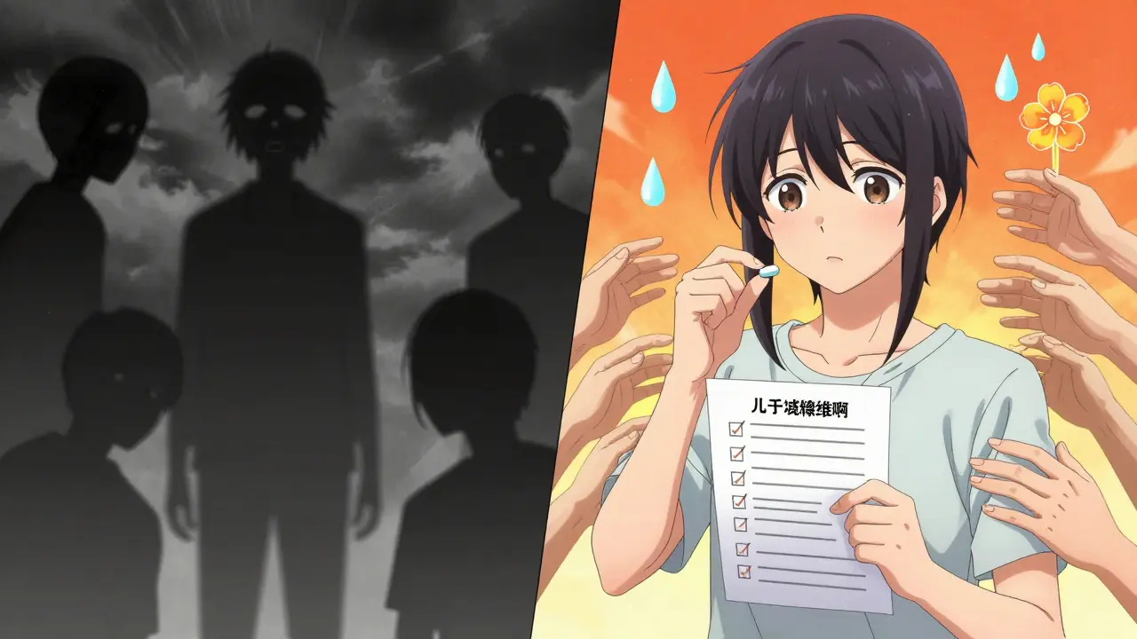 Split scene: fear vs. empowerment—someone choosing to take a warned medication with a safety checklist.