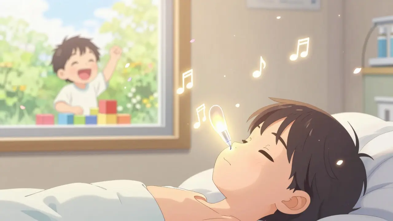 Tiny ear tube entering eardrum with golden light and musical notes, symbolizing restored hearing.