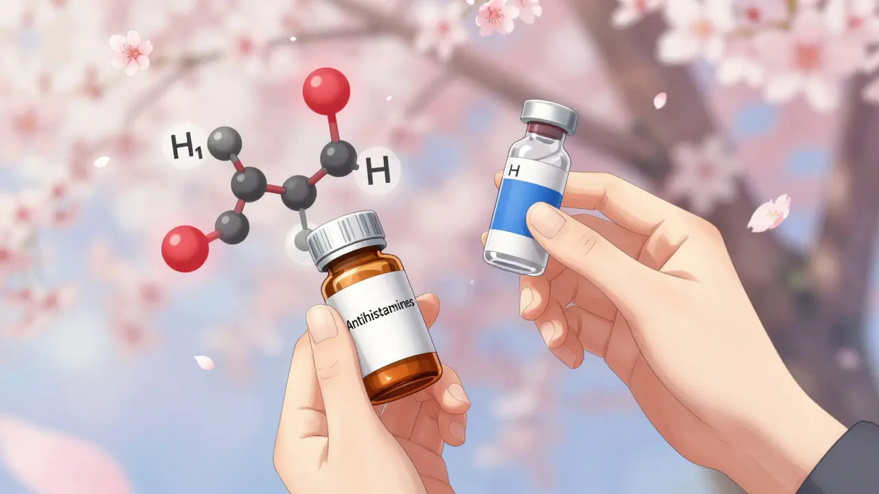 Two hands exchanging antihistamines for a safer alternative, with molecular structures floating nearby.