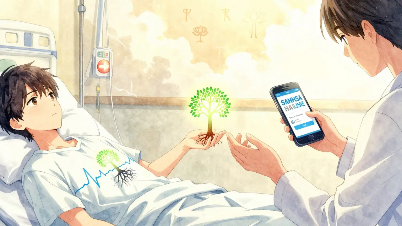 Two hands reaching across a hospital bed, one fading, the other holding a phone with a helpline number, a healing tree growing from the chest.