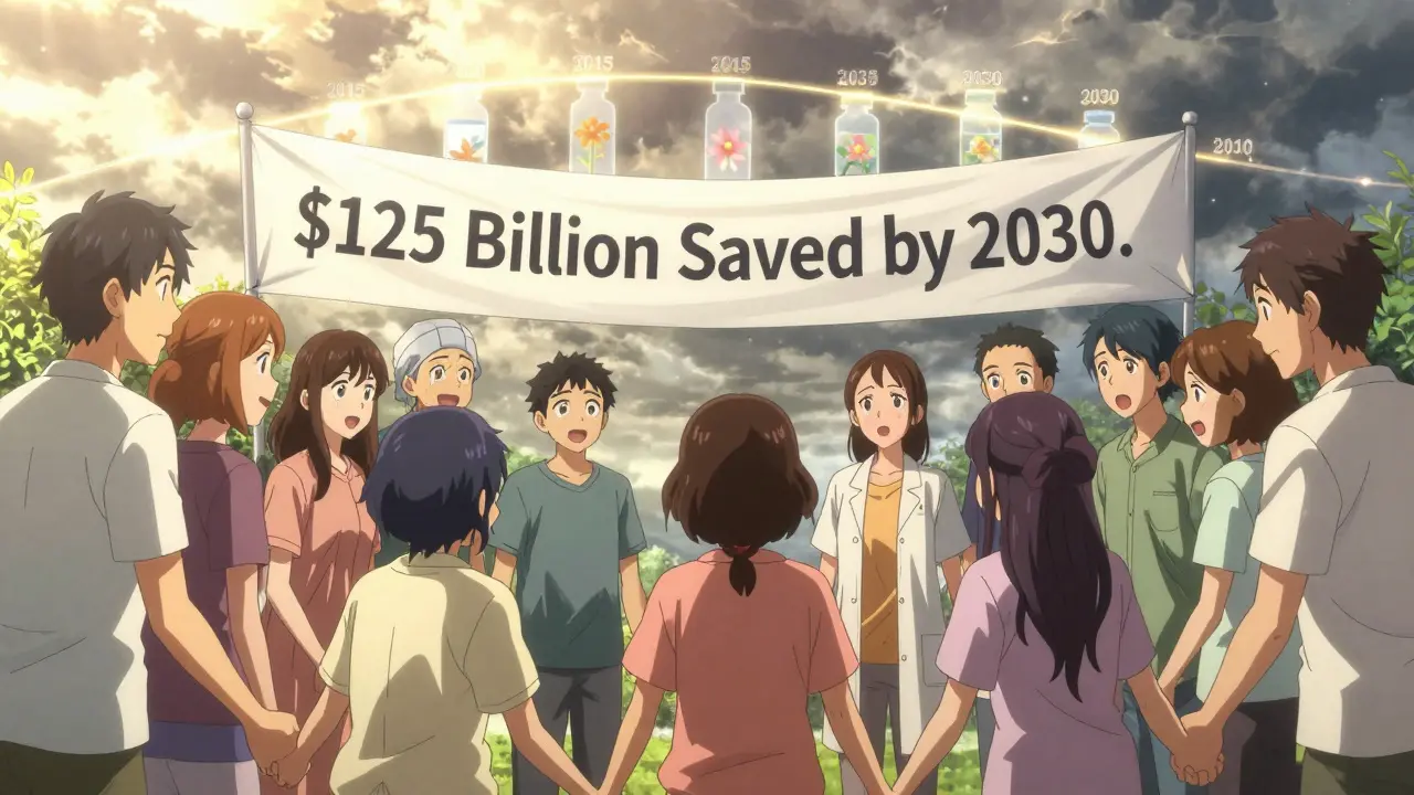 A group of patients holding hands under a banner showing future savings from biosimilars.
