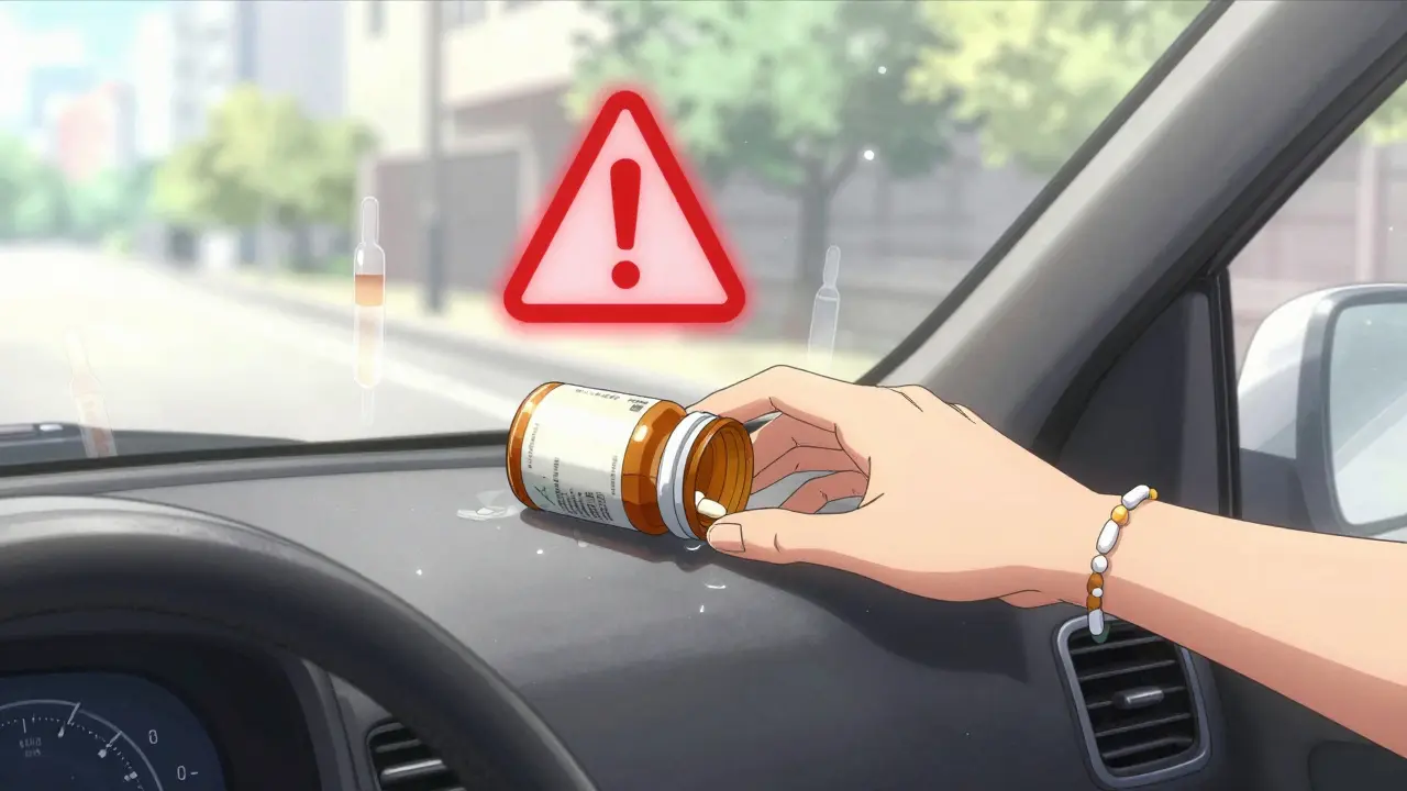 A melted pill bottle on a hot car dashboard with a hand reaching to save it, surrounded by heat haze.