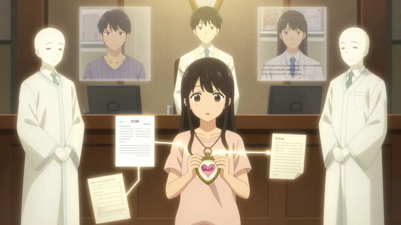 A patient stands before glowing impartial judges, with medical evidence forming a radiant path from her hands to them.