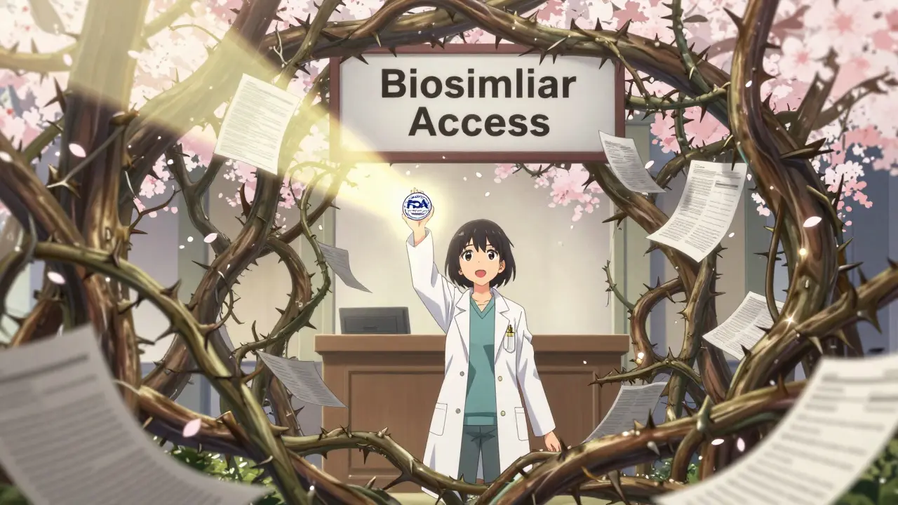 A pharmacist breaking through a patent thicket with an FDA approval stamp, flowers falling around them.