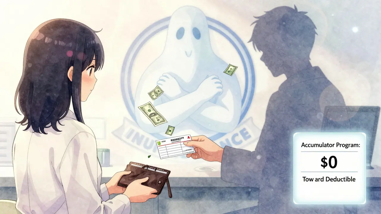 A pharmacist hands a prescription as a ghostly insurance logo makes copay payments disappear into thin air.