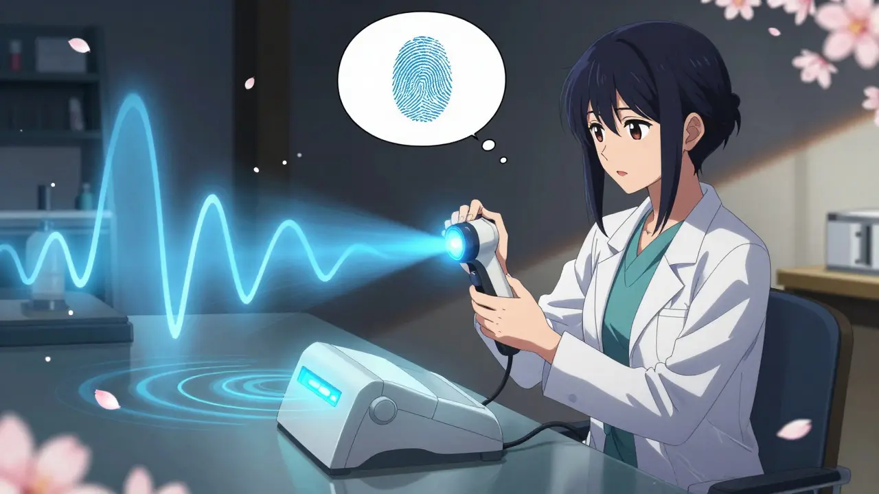 A pharmacist scanning a tablet with a handheld device, glowing spectral waves radiating as cherry blossoms float nearby.