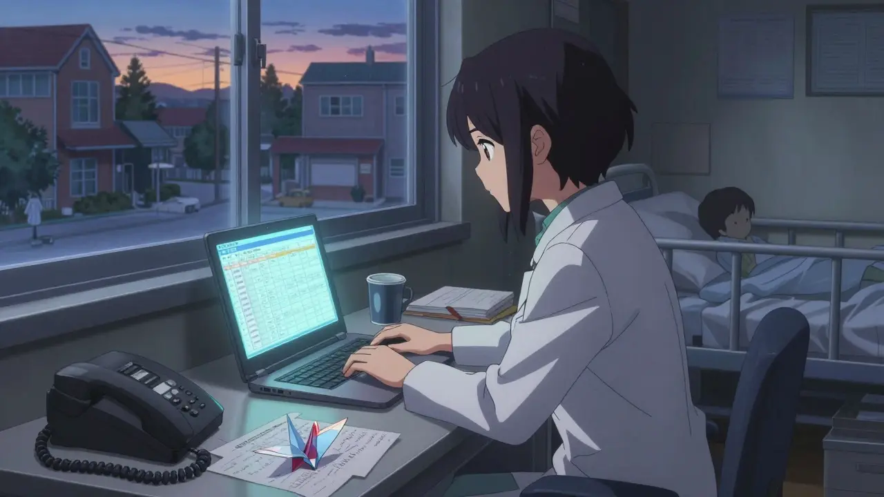 A pharmacist works alone at 3 a.m., surrounded by notes and a glowing shortage tracker, a ghostly child silhouette watching in the corner.