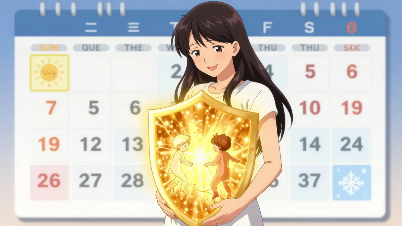 A pregnant woman glowing with protective light, symbolizing antibodies passed to her unborn child.