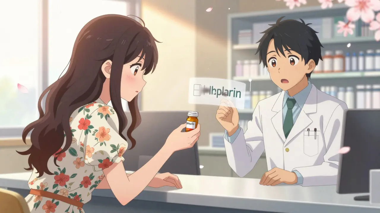 A woman at the pharmacy compares a pill bottle to a label, alarmed by a dangerous drug mix-up.