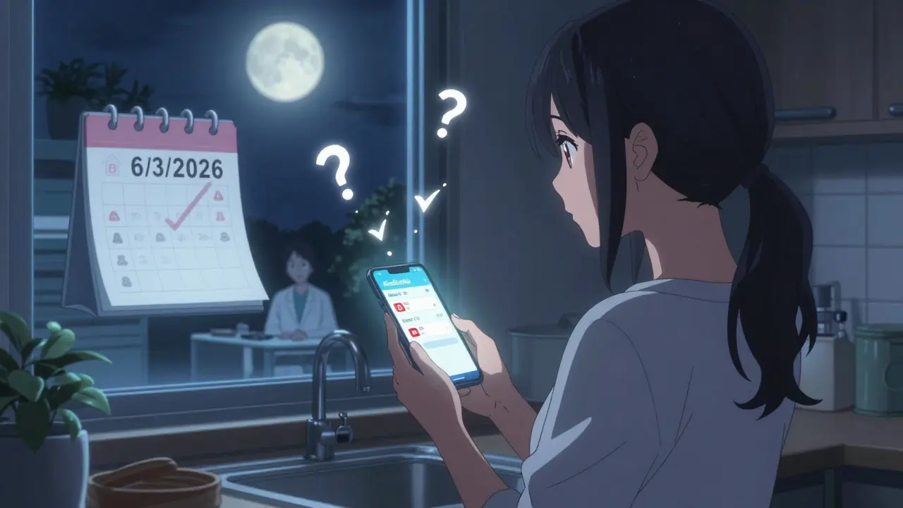 A woman uses a phone app to scan a prescription, revealing hidden errors with glowing warnings.