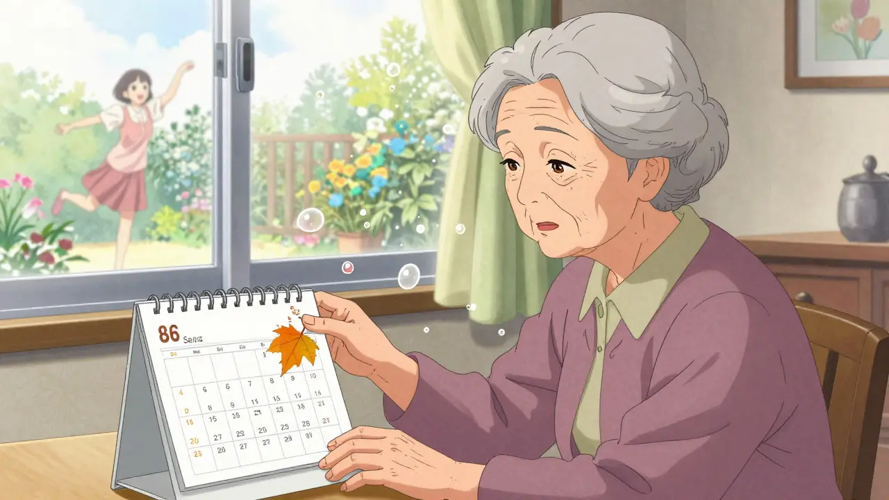 An elderly woman in her home, surrounded by falling petal-like virus droplets, with memories of her past life fading around her.