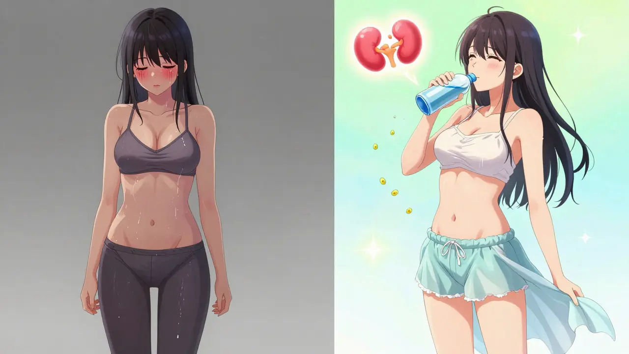 Before and after contrast: damp synthetic clothes vs. clean cotton outfit with water and health symbols.