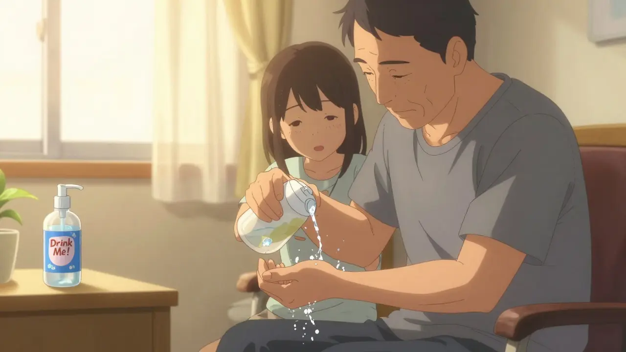 Daughter helping her father clean gently under his foreskin with water, supportive moment.