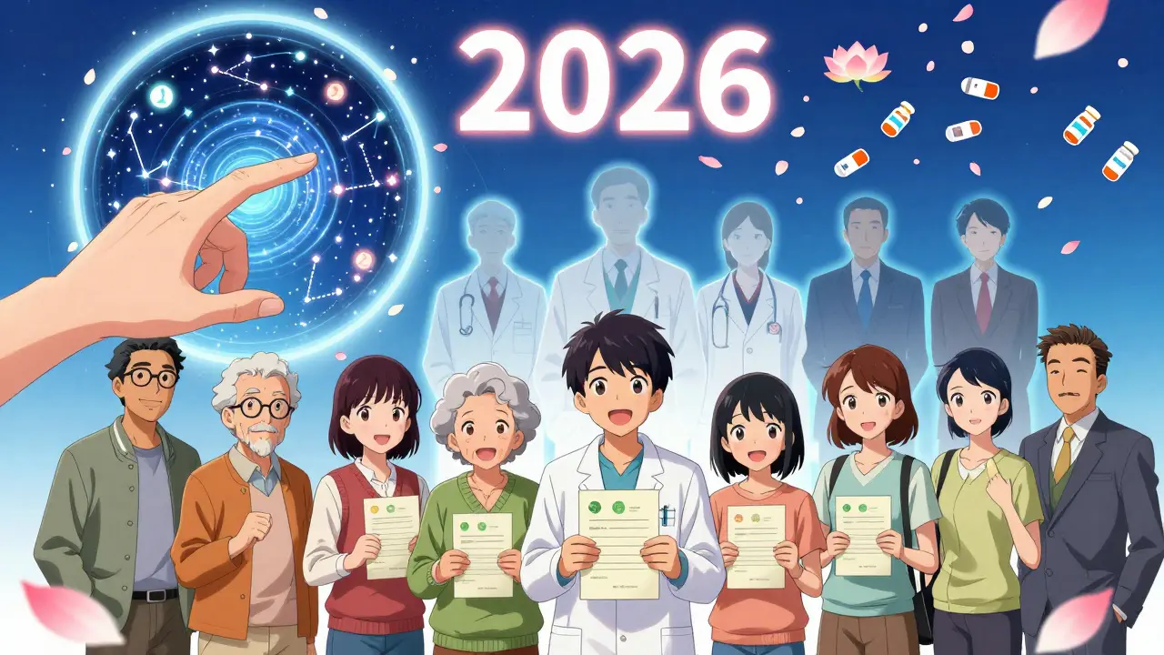 Diverse patients receive approval letters as AI algorithms turn denials into petals, symbolizing hope and change in 2026.