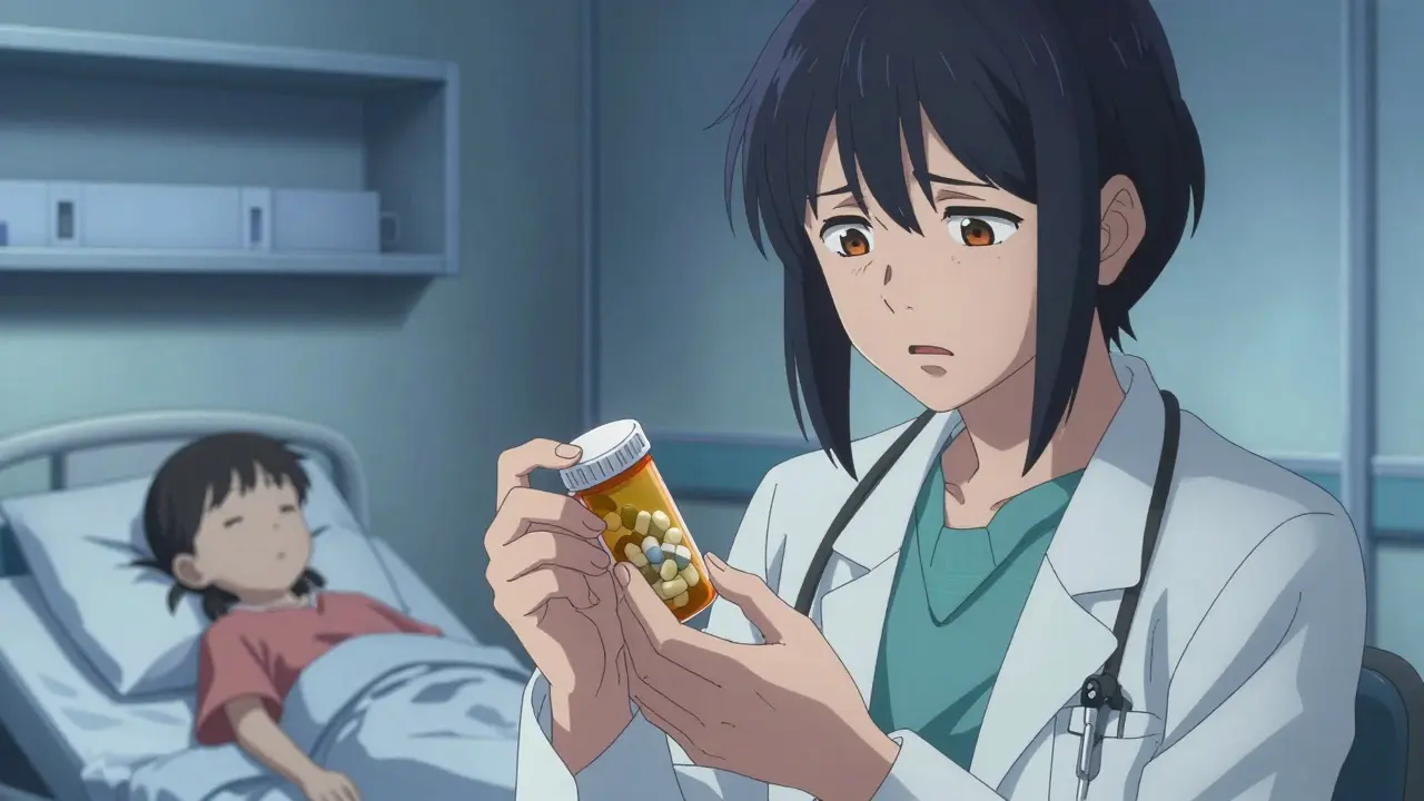 Doctor holding empty medicine bottle in hospital, concerned about shortages