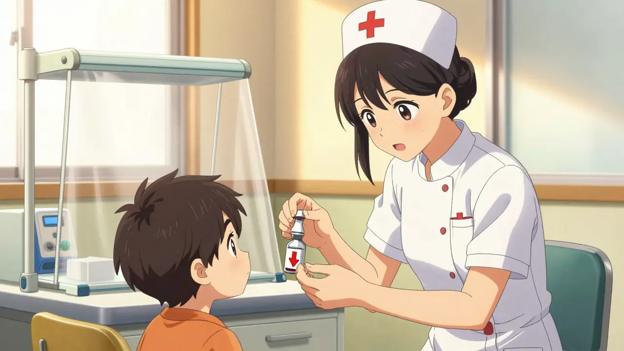 Nurse administering medicine to child with discount symbol on vial
