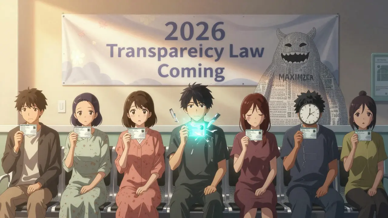 Patients in a waiting room watch their copay cards shatter or be consumed by hidden insurance program monsters.