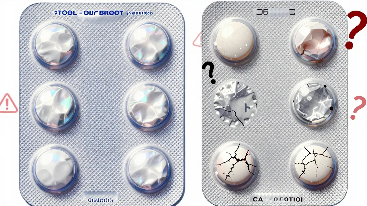 Side-by-side comparison of authentic and counterfeit pill packaging with exaggerated printing flaws and shimmering hologram details.