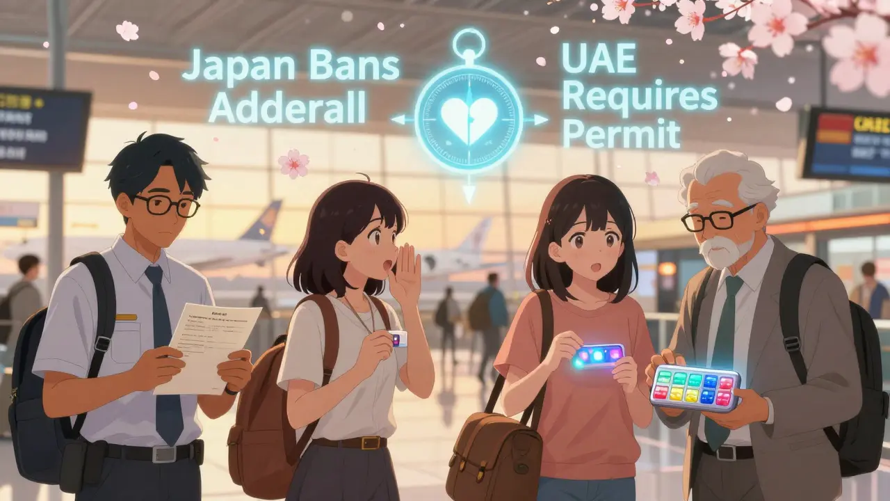 Travelers in an airport with floating warning signs and a senior using a color-coded pill organizer.