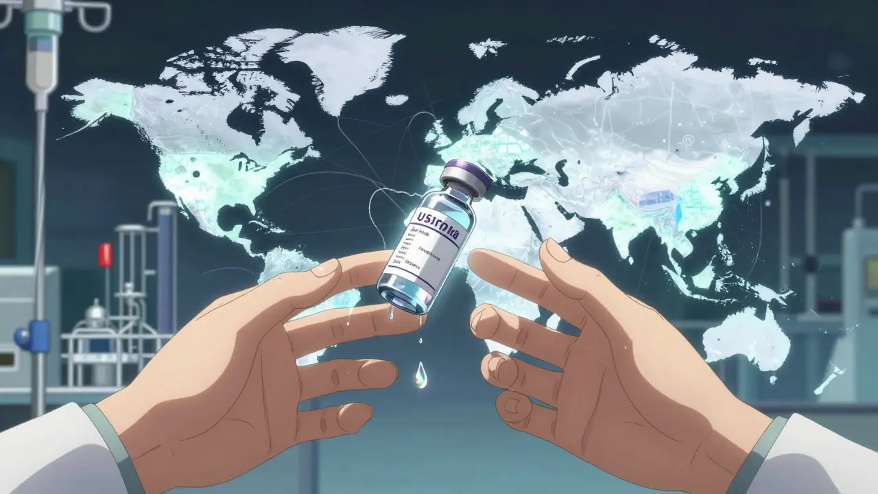 Two hands reach for the last IV fluid vial, with faint factory outlines of China and India glowing beneath a translucent map.