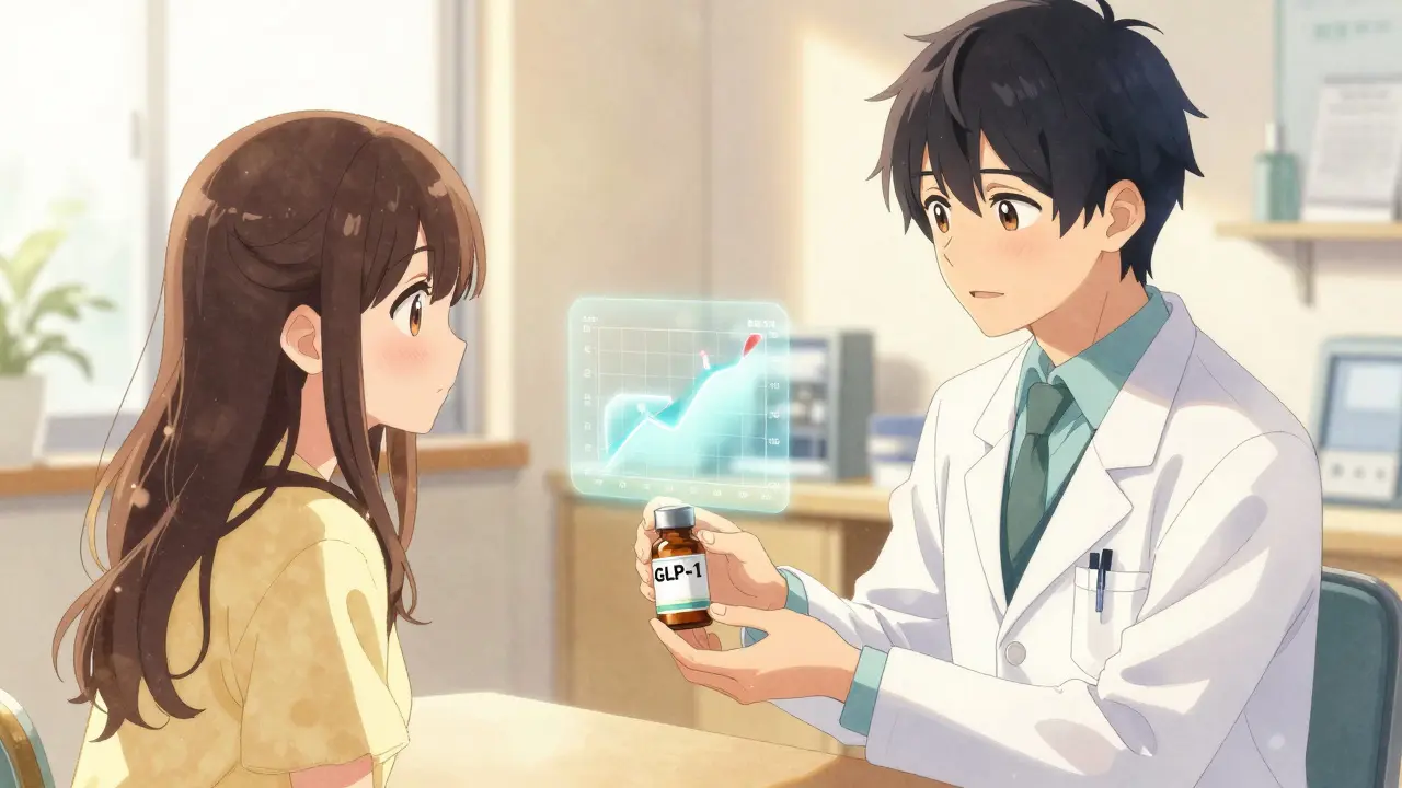 A compassionate doctor hands a prescription to a patient while a metabolic health graph glows between them in a sunlit clinic.