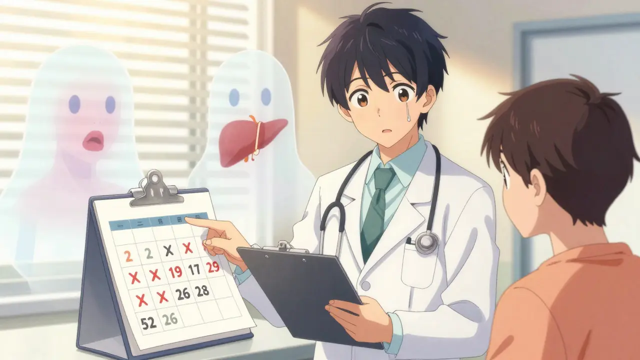 A doctor and patient reviewing a calendar marked with days when side effects appeared, ghostly symptoms floating beside dates.
