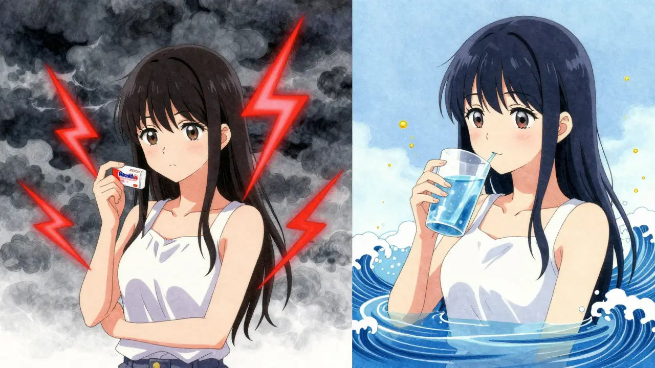 A girl torn between using a stimulant laxative with stormy energy and a gentle osmotic remedy with calm waves.