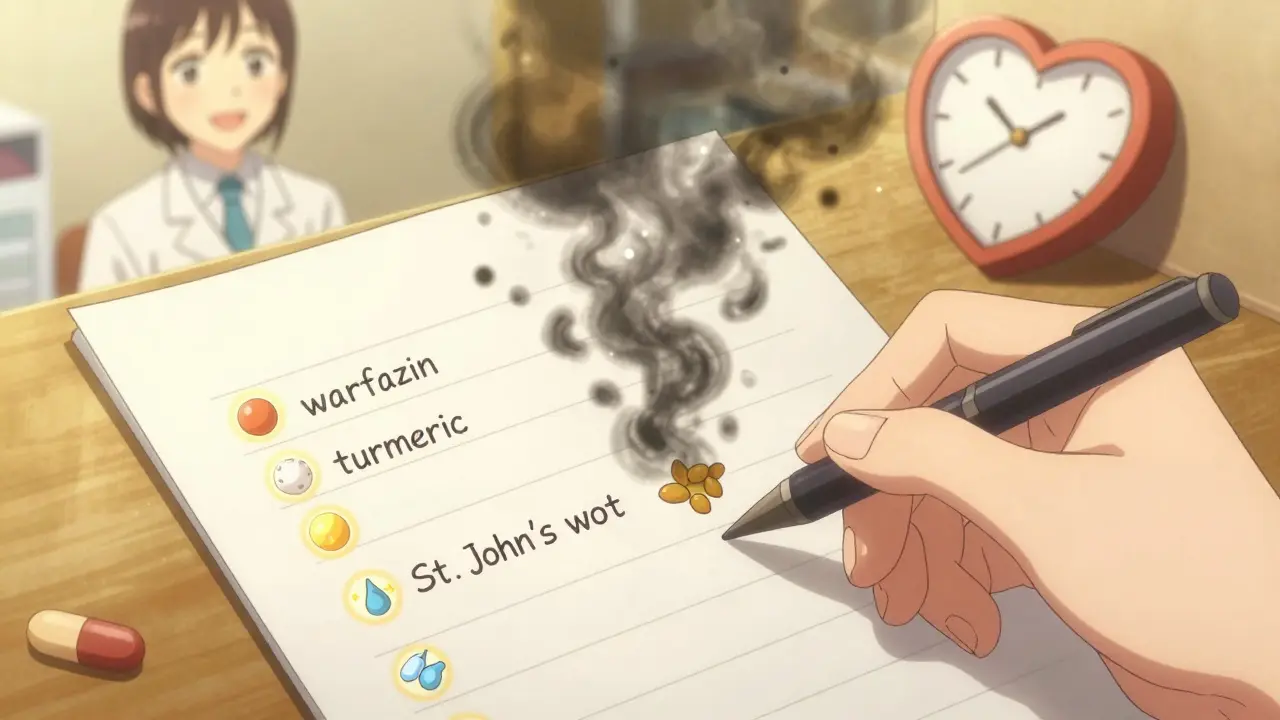 A hand writes a clear medication list as harmful supplements vanish into smoke, bathed in warm light.