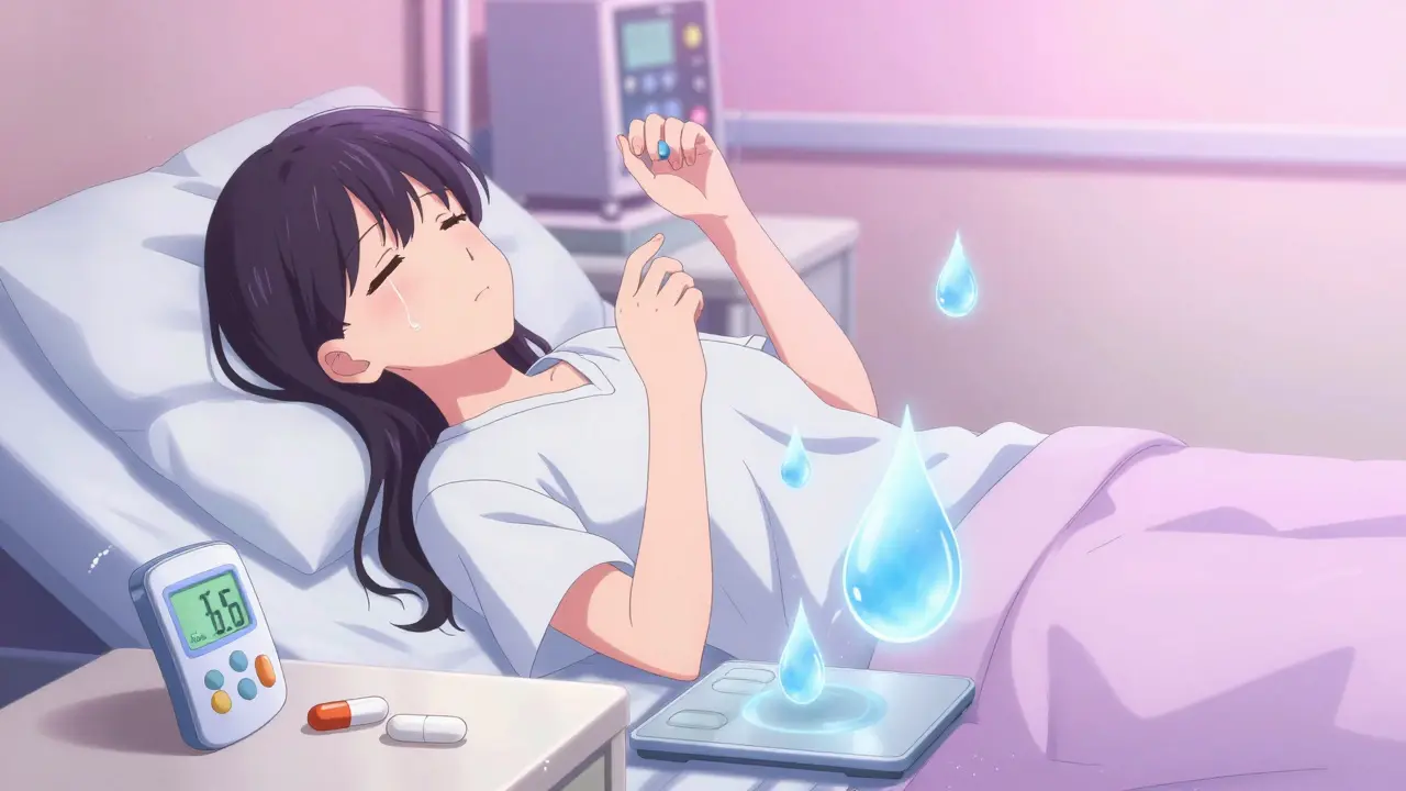 A patient at night watches water droplets rise from swollen ankles as diuretics work, soft lighting and quiet emotion.