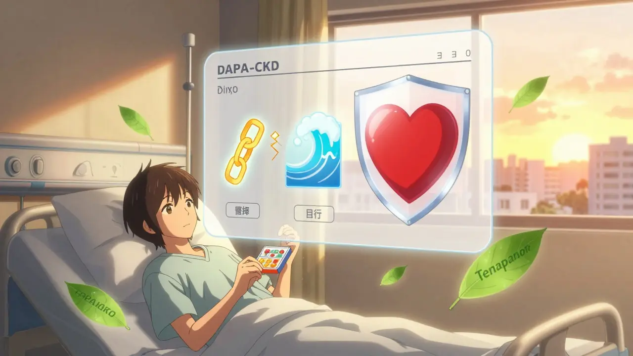 A patient holds a pill organizer as medical symbols of kidney health float around her, symbolizing hope and new treatments.