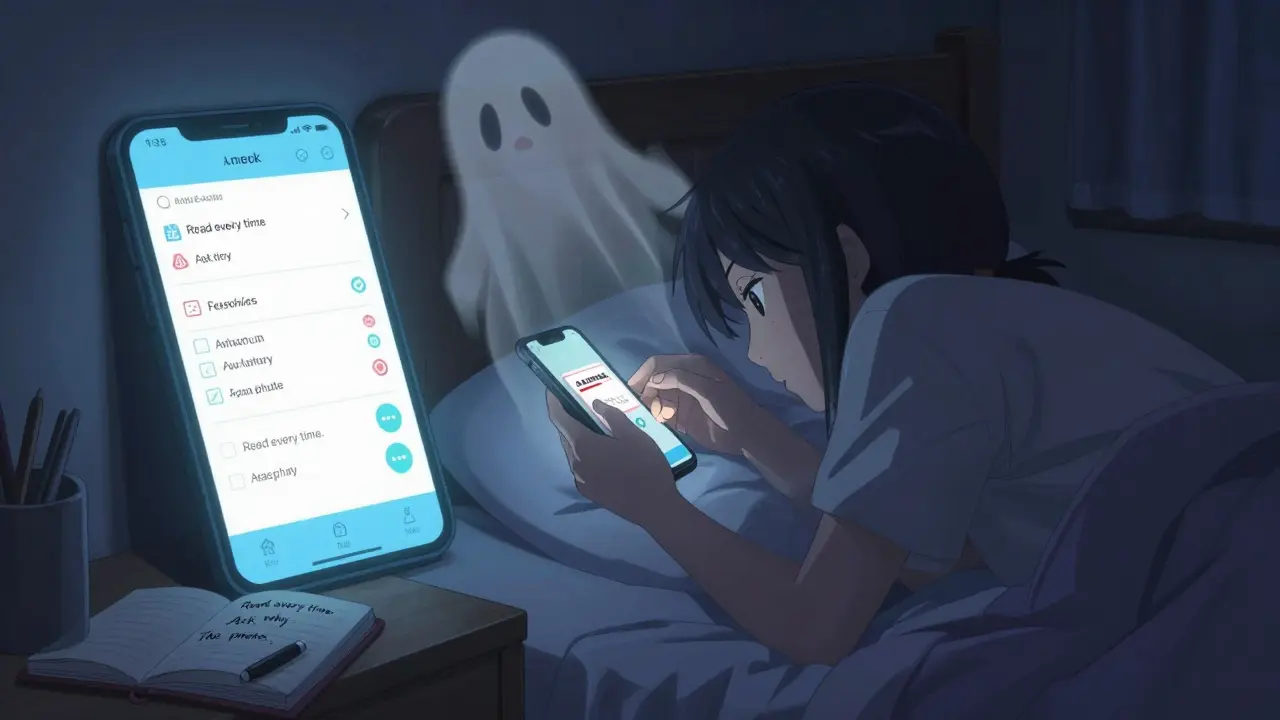 A person takes a photo of their prescription label at night while a digital app displays a clearer version.