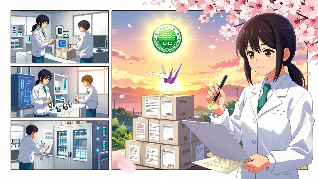 A pharmaceutical facility transforms with workers installing sensors and shipments rising like cranes toward a green emblem.