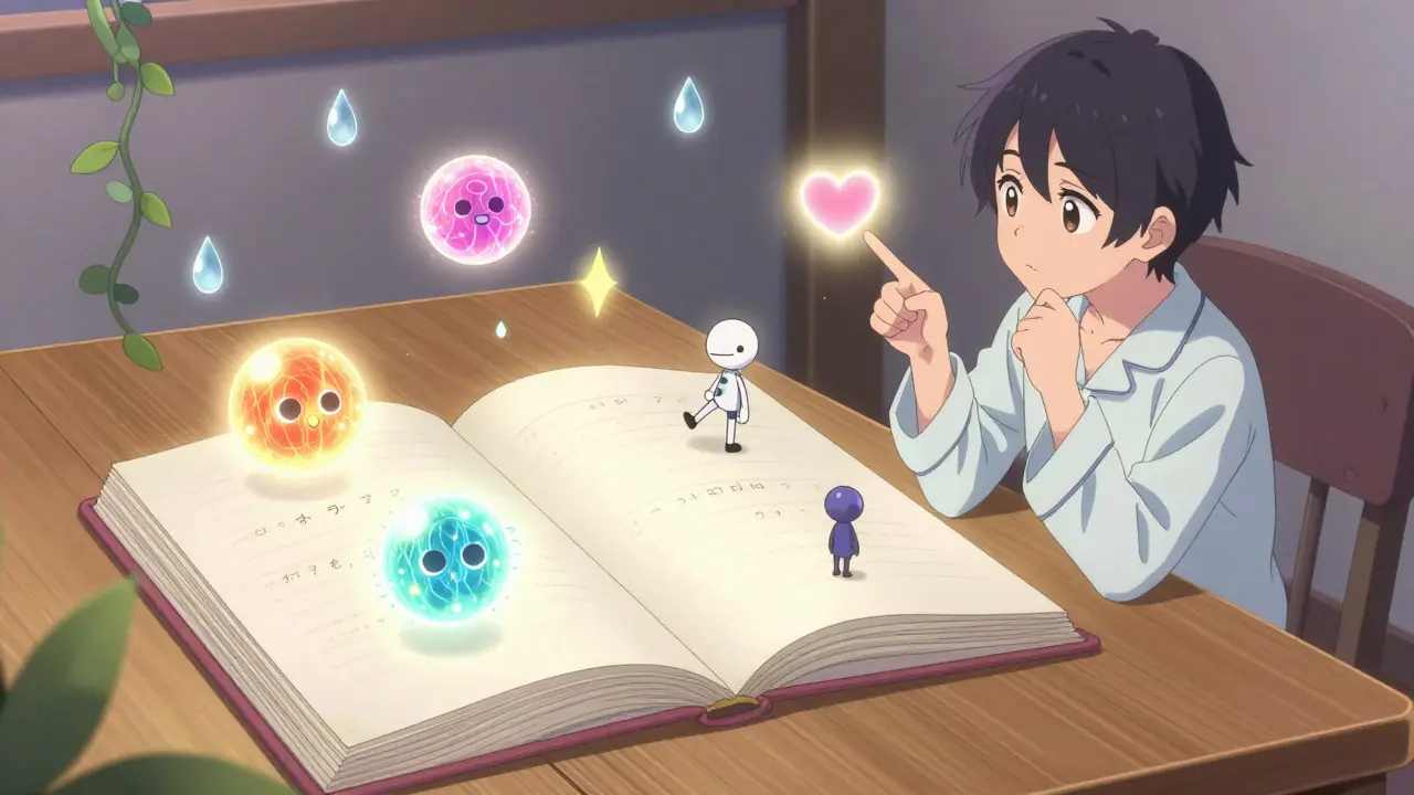 A teen studying a magical book where constipation remedies come to life as animated symbols.