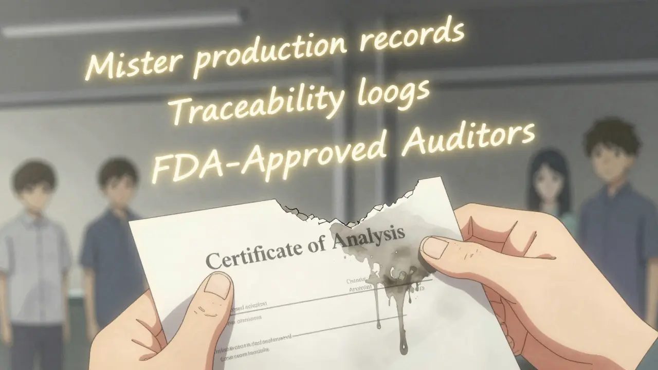 A torn Certificate of Analysis with tears falling on it, surrounded by missing compliance elements.
