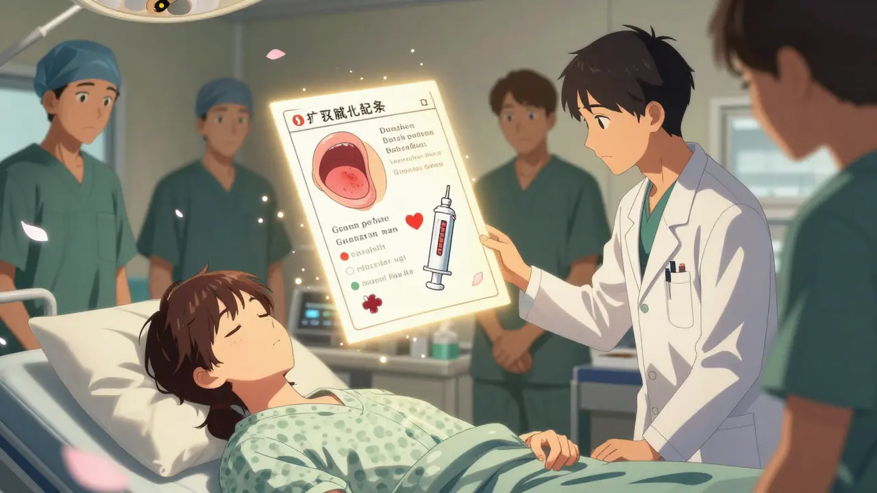 An anesthesiologist pausing before surgery, guided by a glowing allergy card with symbols of hives and epinephrine.