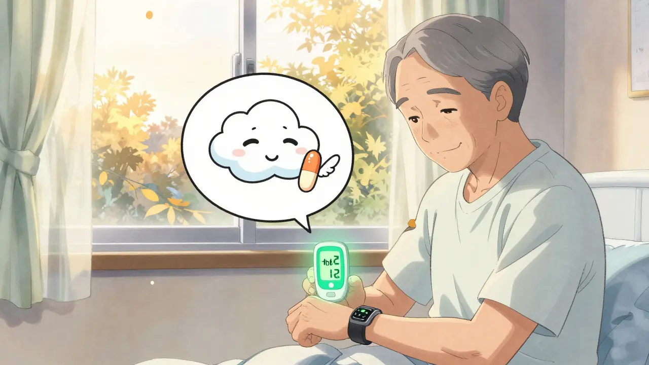 An elderly man in a hospital room smiling at a stable HbA1c reading, with a peaceful pitavastatin pill floating beside him.