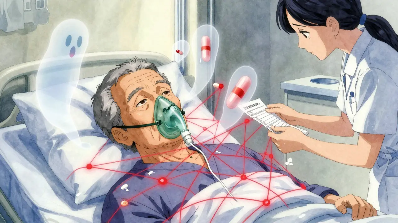 An elderly man in hospital bed surrounded by glowing, dangerous drug interactions in a red web.