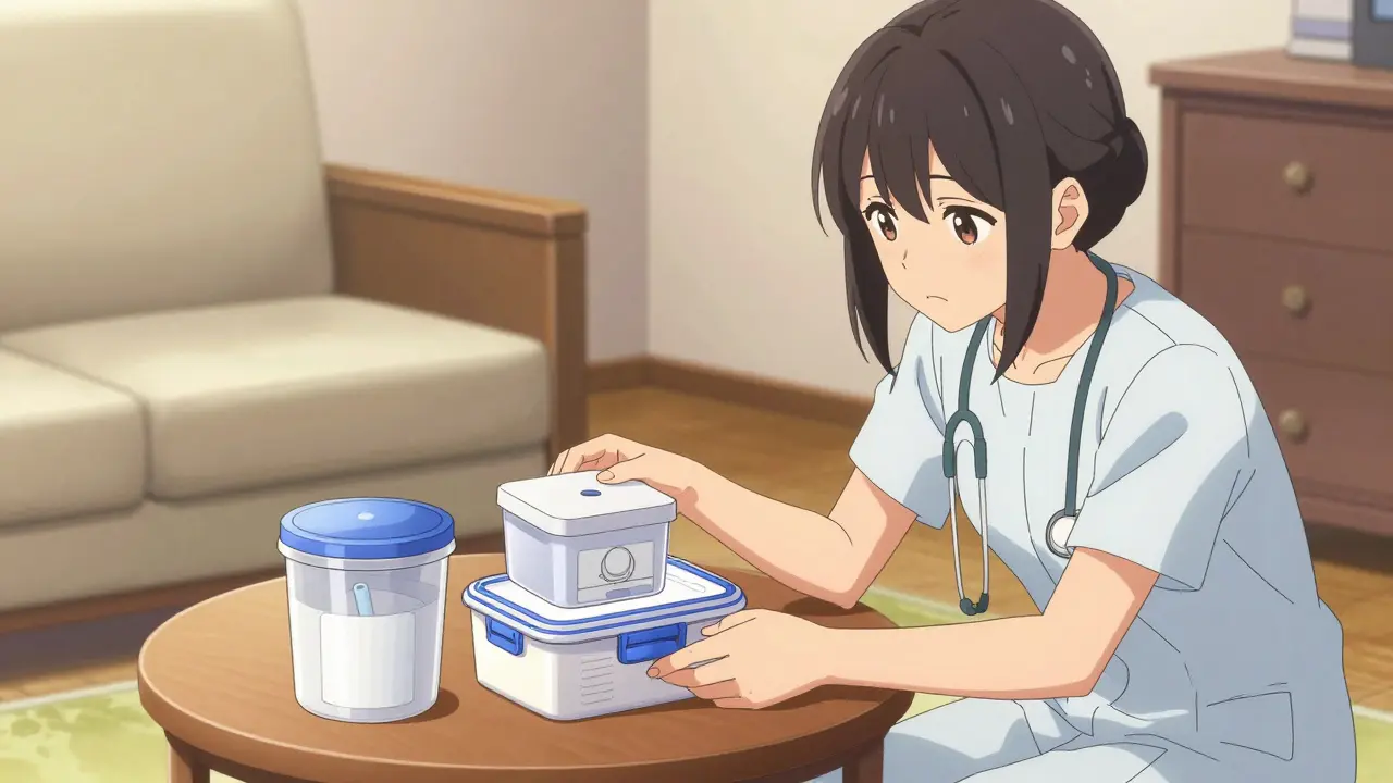 Caregiver organizing safety supplies in a home setting