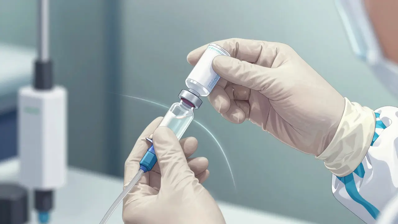 Close-up of gloved hands handling medication with safety equipment