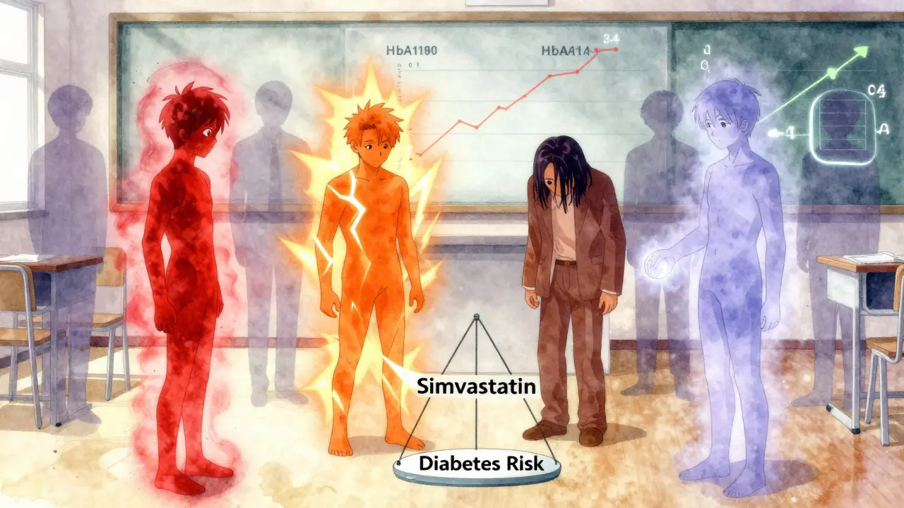 Four statin characters in a circle, with pitavastatin gently lowering a diabetes risk scale while others show rising danger.