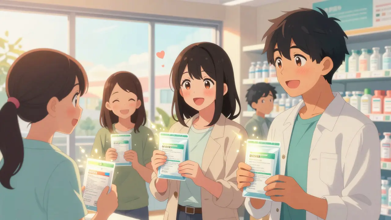 Happy customers at pharmacy with glowing bags