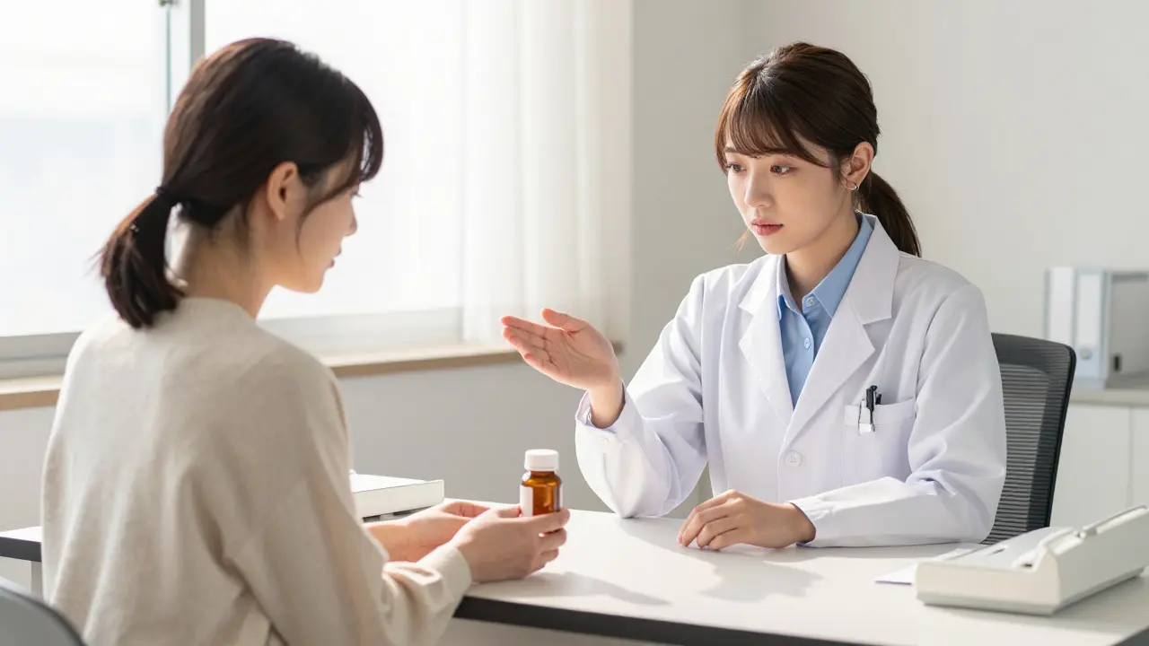 Patient handing supplement bottle to doctor during consultation appointment